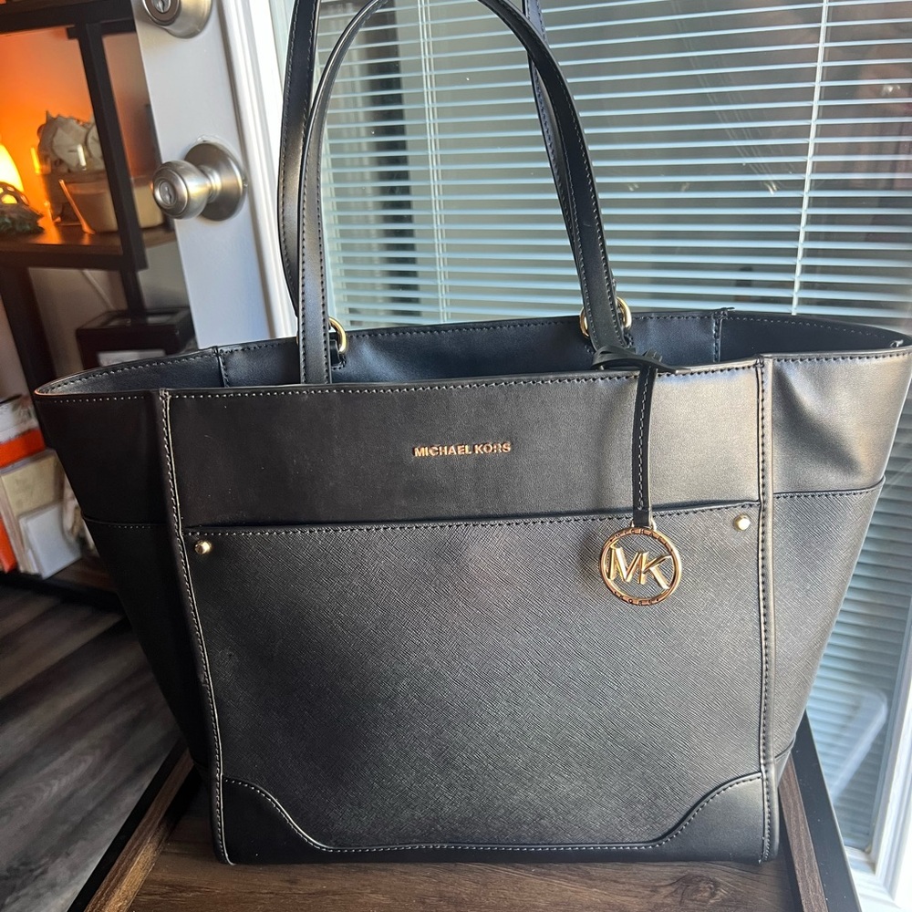 Michael Kors Black Leather Tote with Gold Accents